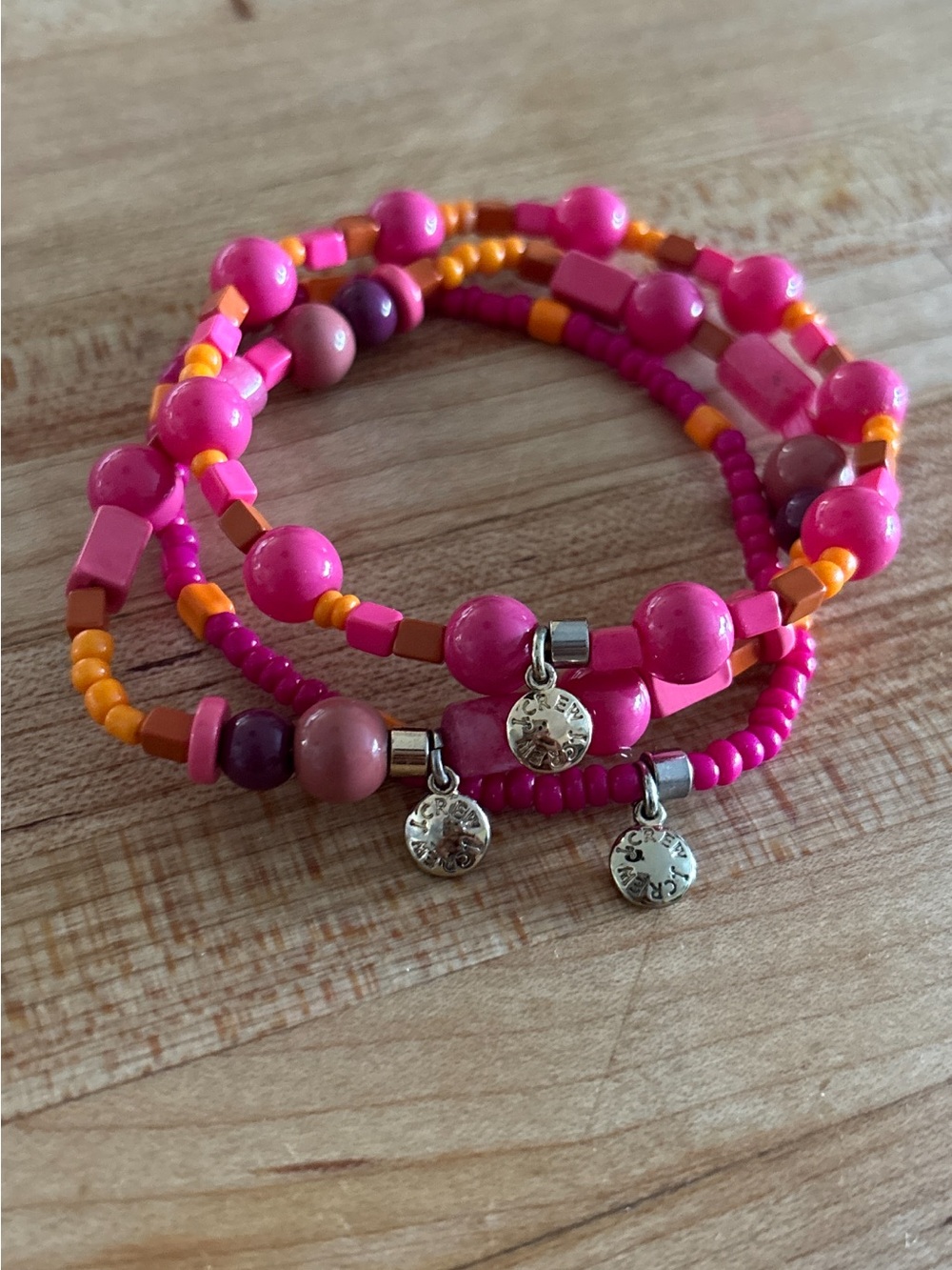 J Crew Multi-strand Colorful Pink & Orange Stretchy Beaded Bracelet Set w Logo